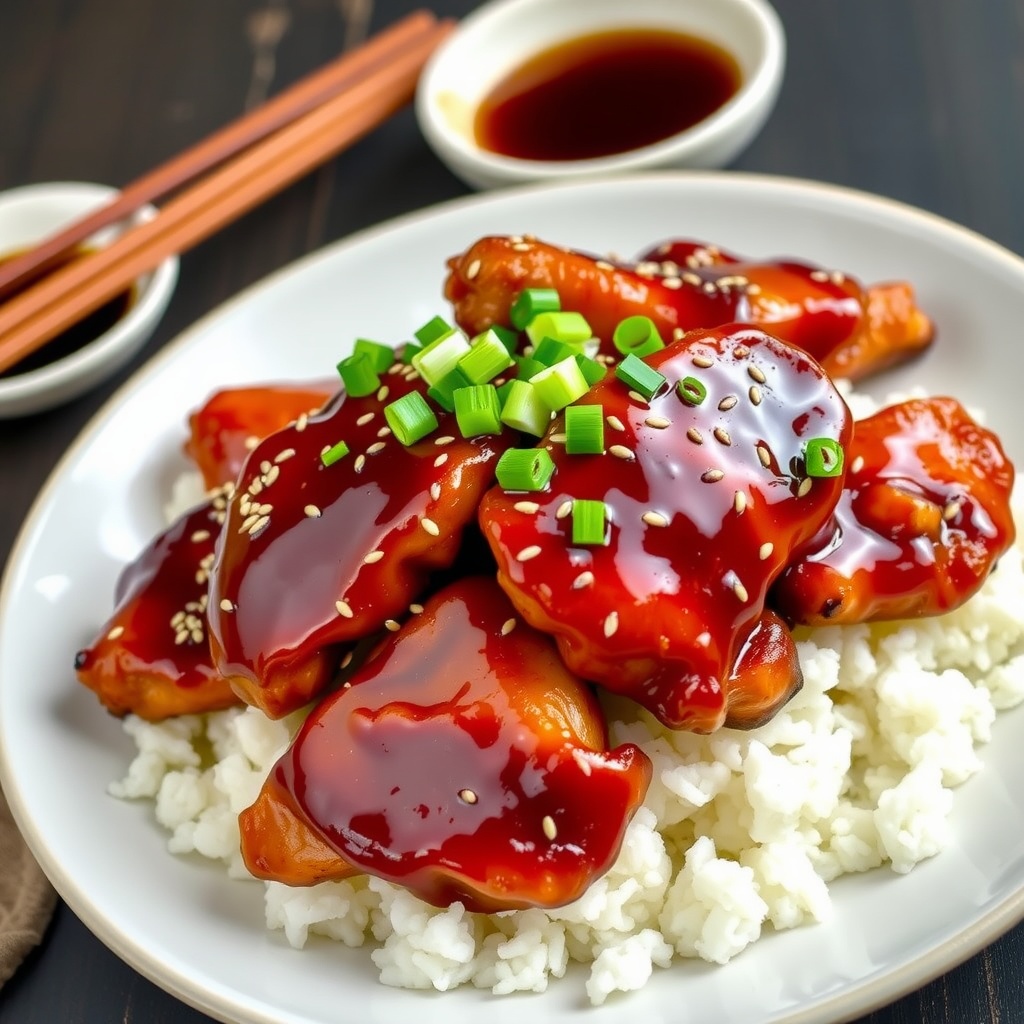 Savory Japanese Teriyaki Chicken Recipe Plated teriyaki chicken with sesame seeds and green onions over white rice, in a Japanese dining setting.